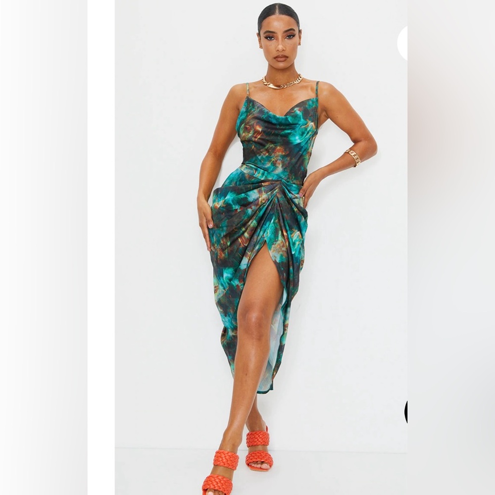 PRETTYLITTLETHING SATIN TEAL GREN BLUE SLEEVELESS COWL NECK MIDI DRESS SIZE 8